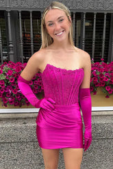 Strapless Lace Fitted fuchsia Homecoming Dress Bateau Appliques Empire Mychicdress